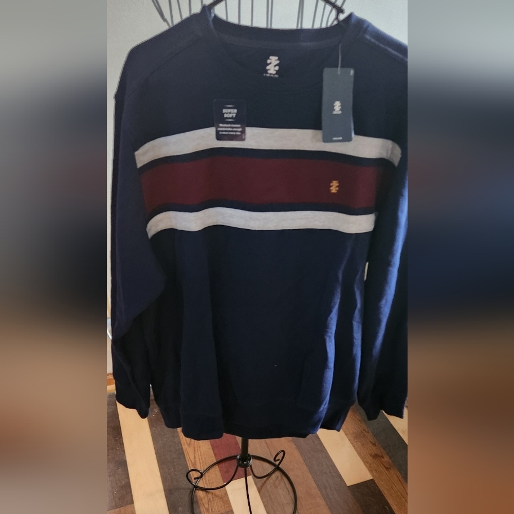 Izod Men's Navy Sweater with Red and Gray Stripes